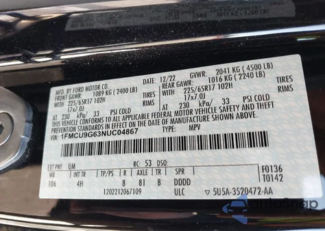 2022 Ford Escape Se z USA, uszkodzony, nr VIN 1FMCU9G63NUC04867